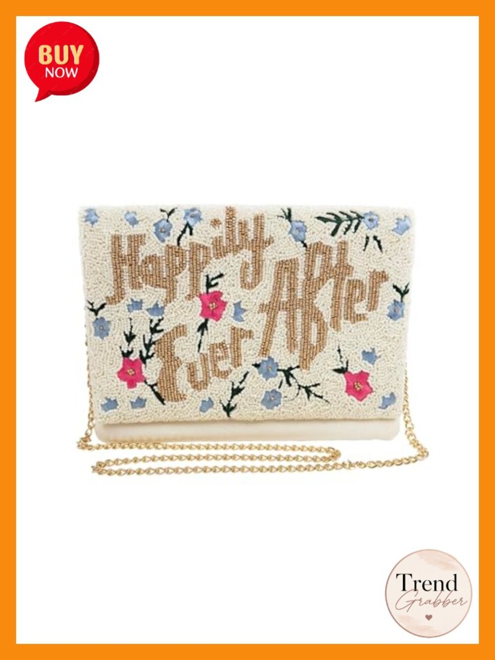 Beaded Clutch Purse with Floral Detail and Gold Chain - Wedding Day Handbag